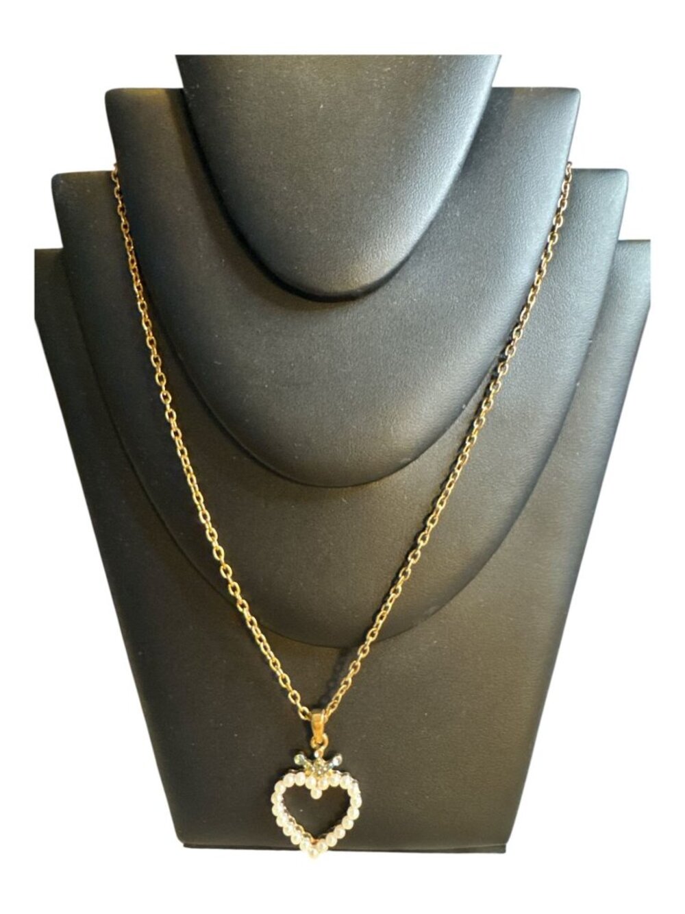 Gold Tone Pearl Heart Crown Pendant Necklace Vintage Style Dainty Chain Jewelry